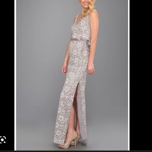 BCBG Maxazria Nadir silver lace gown size 4